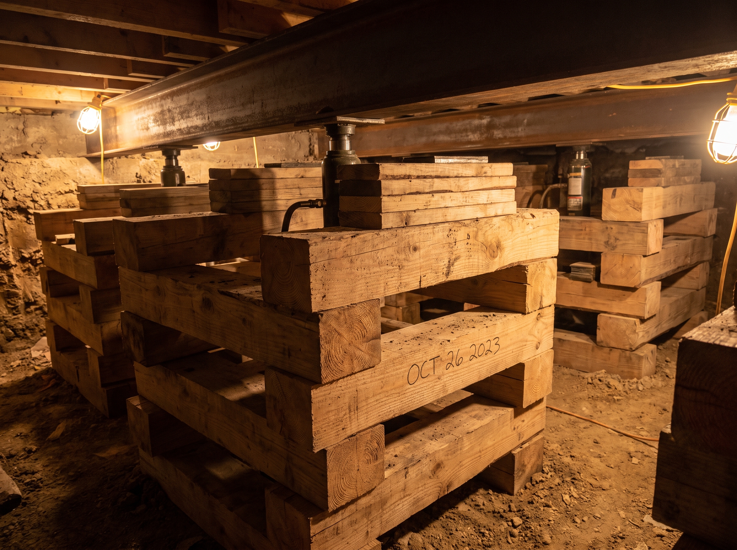 Stacked timber cribbing supporting a Calgary foundation project