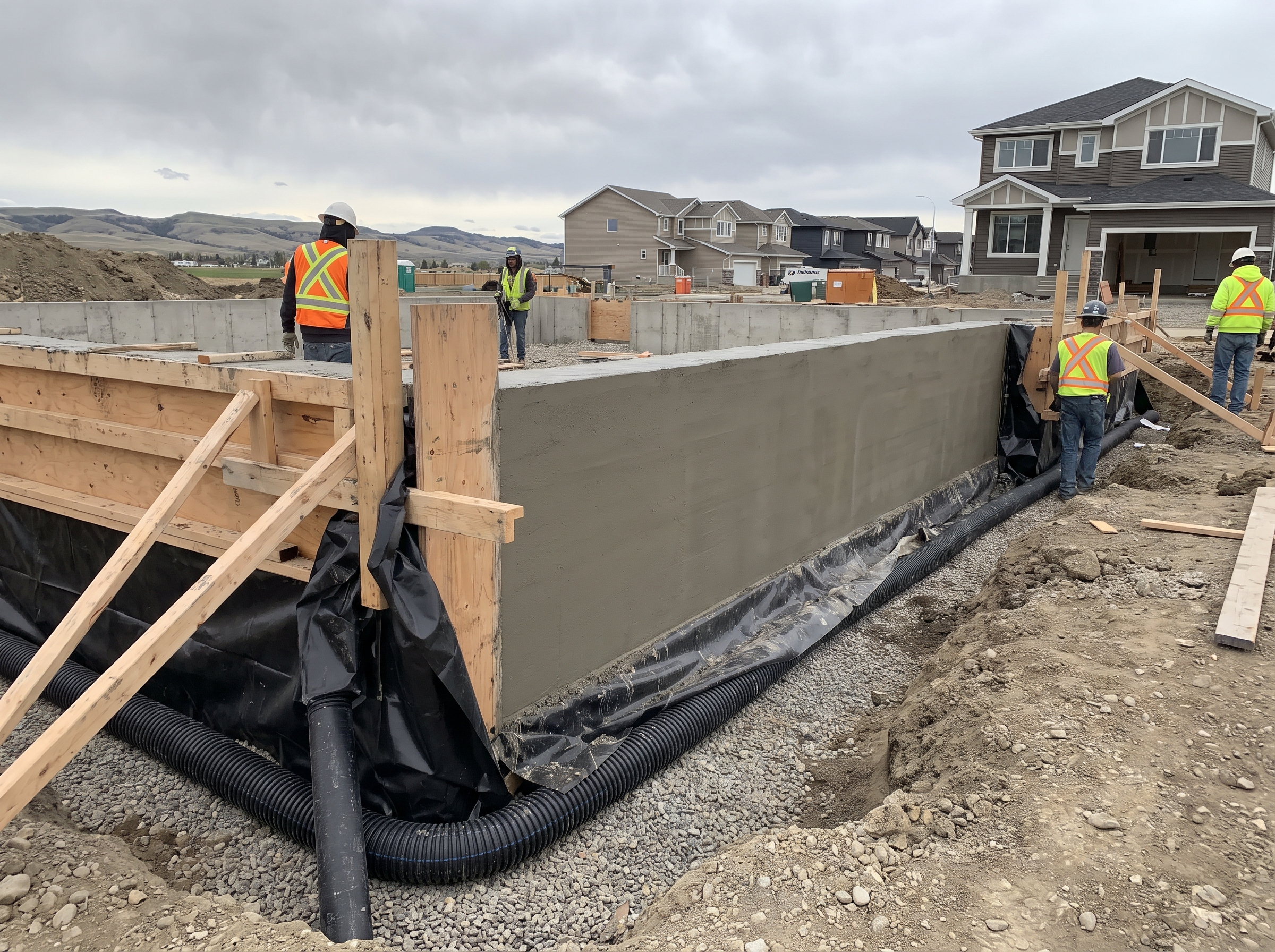 Freshly poured concrete foundation wall